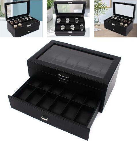 Carbon Fiber Watch Box for Men, 24 Slot Watch Case Organizer with Double-Deck & Glass Top, Lockable Watch Display Case, Jewelry Holder Cabinets 13.4 * 8.3 * 5.8 in in Kuwait