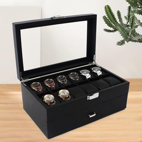 Carbon Fiber Watch Box for Men, 24 Slot Watch Case Organizer with Double-Deck & Glass Top, Lockable Watch Display Case, Jewelry Holder Cabinets 13.4 * 8.3 * 5.8 in in Kuwait