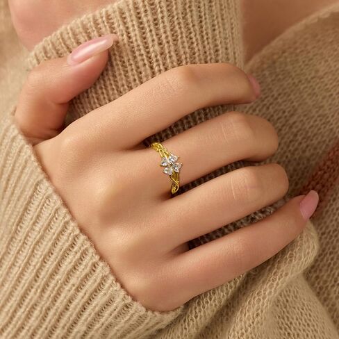 Lucky Leaf Ring for Women 925 Sterling Silver Lucky White CZ Ring to Daughter 14K Gold Plated Exquisite Simple Twig Branch Adjustable Ring for Mother Jewelry Gifts Birthday Gift in Kuwait