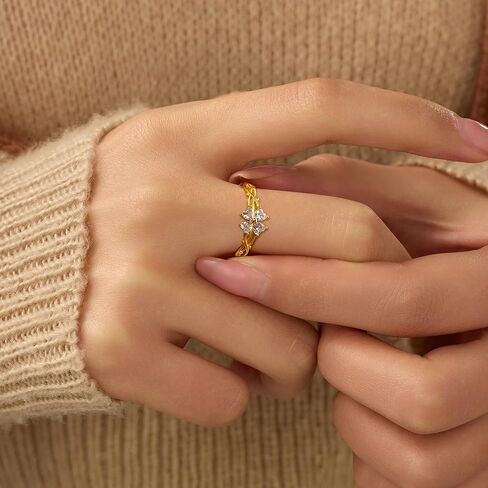 Lucky Leaf Ring for Women 925 Sterling Silver Lucky White CZ Ring to Daughter 14K Gold Plated Exquisite Simple Twig Branch Adjustable Ring for Mother Jewelry Gifts Birthday Gift in Kuwait