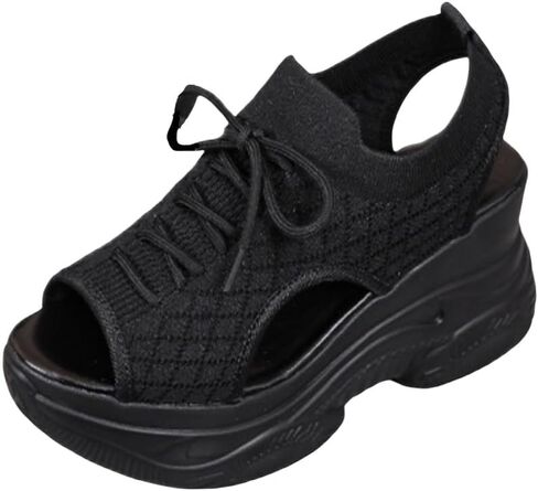 Women's Summer Platform Wedge Sandals, Breathable Knit Elastic Upper, Open Toe Tie-Up Comfort Sandals, High-Heel Casual Shoes in Kuwait