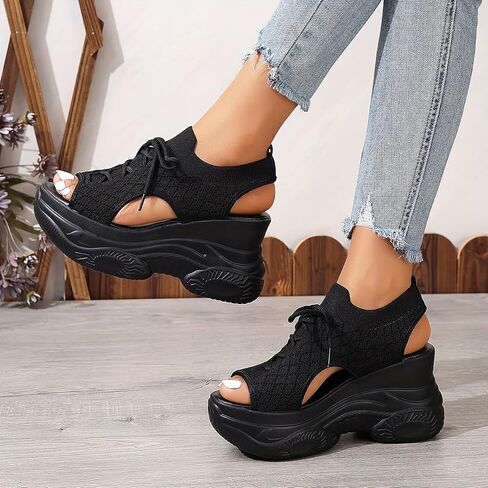 Women's Summer Platform Wedge Sandals, Breathable Knit Elastic Upper, Open Toe Tie-Up Comfort Sandals, High-Heel Casual Shoes in Kuwait