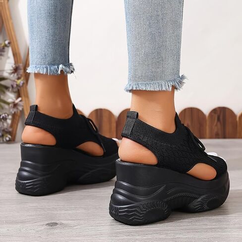 Women's Summer Platform Wedge Sandals, Breathable Knit Elastic Upper, Open Toe Tie-Up Comfort Sandals, High-Heel Casual Shoes in Kuwait