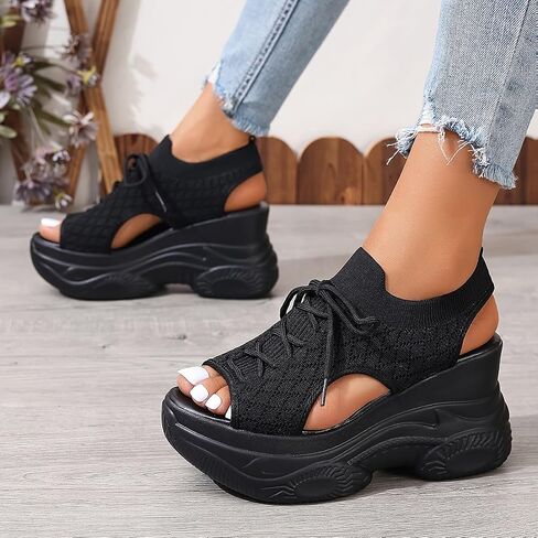 Women's Summer Platform Wedge Sandals, Breathable Knit Elastic Upper, Open Toe Tie-Up Comfort Sandals, High-Heel Casual Shoes in Kuwait