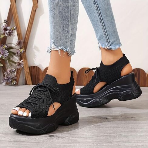 Women's Summer Platform Wedge Sandals, Breathable Knit Elastic Upper, Open Toe Tie-Up Comfort Sandals, High-Heel Casual Shoes in Kuwait
