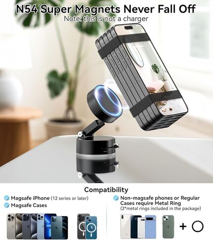 imluckies Vacuum Suction Magnetic Phone Holder, 360° Rotatable & Foldable Suction Cup Phone Mount, Compatible with Magsafe iPhone 16 15 14 13 12 for Shower/Bathroom/Mirror/Gym/Car/Kitchen, Black in Kuwait