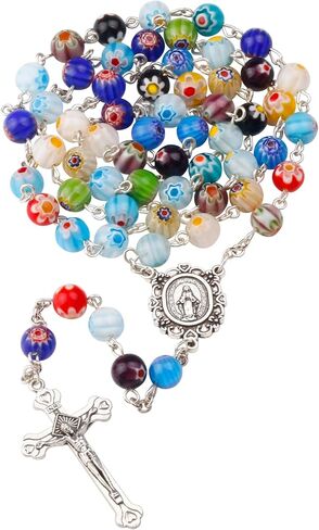 Multicolor Murano Glass Beads Catholic Rosary Necklace with Virgin Mary PU Leather Bag in Saudi Arabia