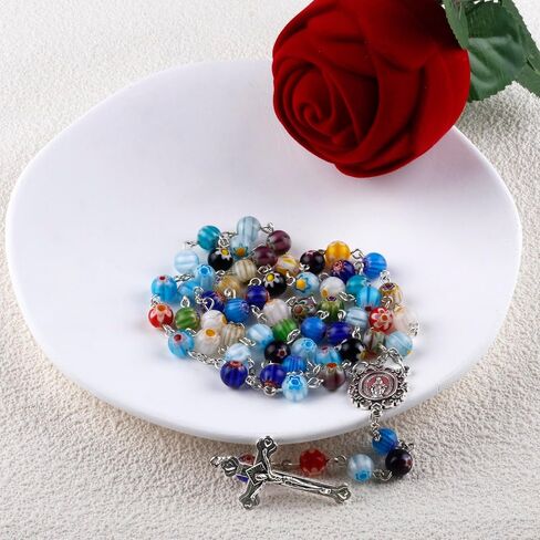 Multicolor Murano Glass Beads Catholic Rosary Necklace with Virgin Mary PU Leather Bag in Saudi Arabia