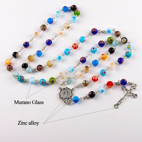Multicolor Murano Glass Beads Catholic Rosary Necklace with Virgin Mary PU Leather Bag in Saudi Arabia