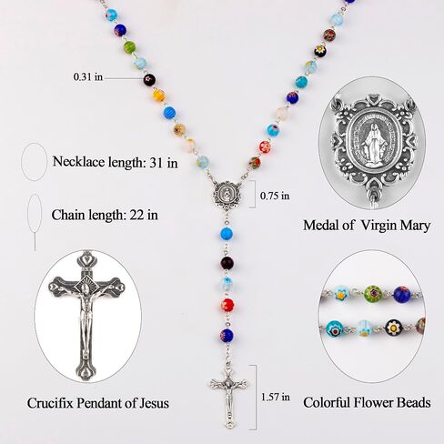 Multicolor Murano Glass Beads Catholic Rosary Necklace with Virgin Mary PU Leather Bag in Saudi Arabia