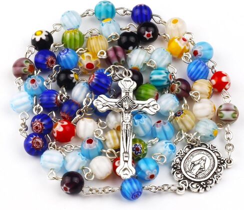 Multicolor Murano Glass Beads Catholic Rosary Necklace with Virgin Mary PU Leather Bag in Saudi Arabia