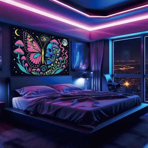 Starlit Patio Psychedelic Tiger Blacklight Tapestry UV Reactive Wall Hanging Rainbow Mushrooms Castle and Moon for Bedroom Dorm Living Room Glowing Jungle Decor Fluorescent Trippy Poster 78 x 59 Inch in Kuwait