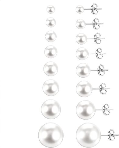 8 Pairs Pearl Earrings Set for Women Faux Pearl Earrings Flat Back Pearls Earring Jewelry Gift for Bridal Wedding Multiple Piercing （3mm 4mm 5mm 6mm 7mm 8mm 10mm 12mm） in Saudi Arabia