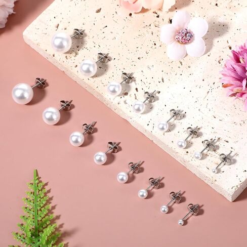 8 Pairs Pearl Earrings Set for Women Faux Pearl Earrings Flat Back Pearls Earring Jewelry Gift for Bridal Wedding Multiple Piercing （3mm 4mm 5mm 6mm 7mm 8mm 10mm 12mm） in Saudi Arabia