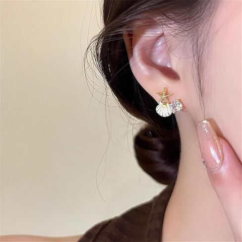 Maloyanve Starffish Pearl Stud أقراط لطيف بوهو قذيفة صغيرة غير متماثلة مع بريق مكعب من الزركونيا البيان الخفيف الوزن عن أقراط شاطئ الصيف هدايا المجوهرات in Kuwait