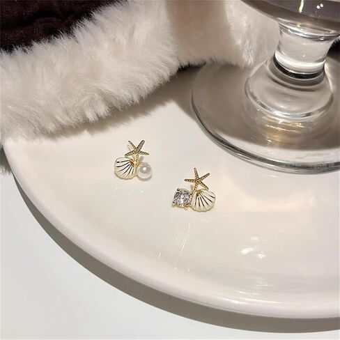 Maloyanve Starffish Pearl Stud أقراط لطيف بوهو قذيفة صغيرة غير متماثلة مع بريق مكعب من الزركونيا البيان الخفيف الوزن عن أقراط شاطئ الصيف هدايا المجوهرات in Kuwait