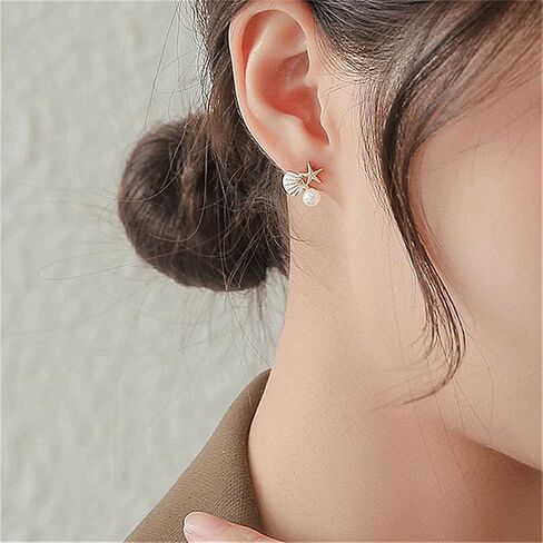 Maloyanve Starffish Pearl Stud أقراط لطيف بوهو قذيفة صغيرة غير متماثلة مع بريق مكعب من الزركونيا البيان الخفيف الوزن عن أقراط شاطئ الصيف هدايا المجوهرات in Saudi Arabia