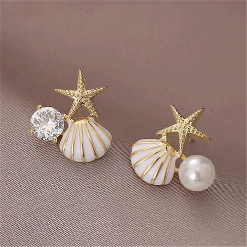 Maloyanve Starffish Pearl Stud أقراط لطيف بوهو قذيفة صغيرة غير متماثلة مع بريق مكعب من الزركونيا البيان الخفيف الوزن عن أقراط شاطئ الصيف هدايا المجوهرات in Kuwait