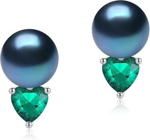 YAMI Sterling Silver Cultured Pearl Stud Earrings for Women, 8-8.5MM Freshwater/Saltwater Pearls, Heart Zircon Earrings Elegant Jewelry Gifts for Her in Kuwait