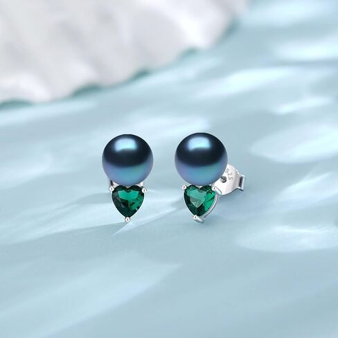 YAMI Sterling Silver Cultured Pearl Stud Earrings for Women, 8-8.5MM Freshwater/Saltwater Pearls, Heart Zircon Earrings Elegant Jewelry Gifts for Her in Kuwait