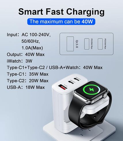 4 in 1 for Apple Watch Charger,Wireless Magnetic Portable iWatch Charger,Travel Essentials 40W USB C Fast Charging Block for iWatch Ultra/SE/10/9/8/7/6/5/4/3, iPhone 16/15/14/13 Multiple Devices,Black in Saudi Arabia