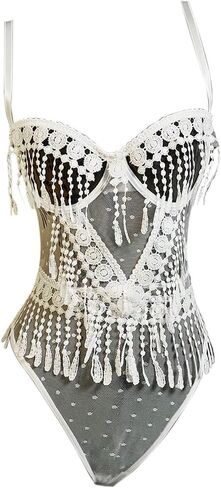 OYOANGLE Women's 2 Piece Lace Sheer Sleeveless Lingerie Set Babydoll Fringe Teddy G-String Set in Saudi Arabia