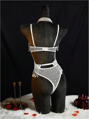 OYOANGLE Women's 2 Piece Lace Sheer Sleeveless Lingerie Set Babydoll Fringe Teddy G-String Set in Saudi Arabia