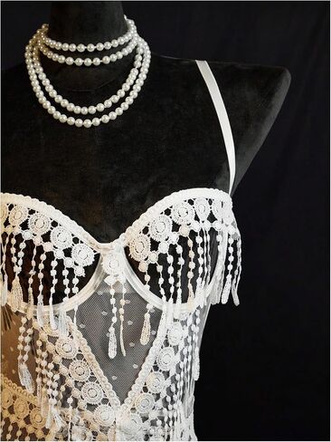 OYOANGLE Women's 2 Piece Lace Sheer Sleeveless Lingerie Set Babydoll Fringe Teddy G-String Set in Saudi Arabia