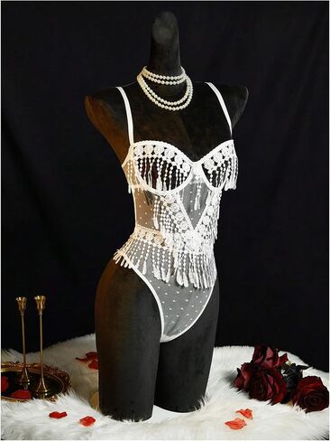 OYOANGLE Women's 2 Piece Lace Sheer Sleeveless Lingerie Set Babydoll Fringe Teddy G-String Set in Saudi Arabia