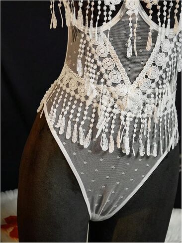 OYOANGLE Women's 2 Piece Lace Sheer Sleeveless Lingerie Set Babydoll Fringe Teddy G-String Set in Saudi Arabia