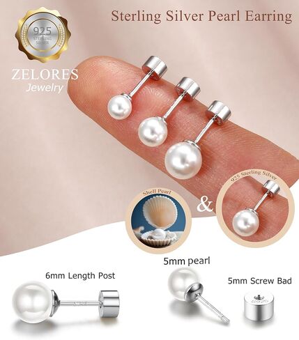 Sterling Silver Pearl Earrings for Women 18K Gold Plated Small Pearl Stud Earrings White Pearl Flat Back Earrings Brides Bridesmaids Wedding Earrings Jewelry in Saudi Arabia