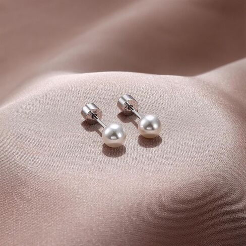 Sterling Silver Pearl Earrings for Women 18K Gold Plated Small Pearl Stud Earrings White Pearl Flat Back Earrings Brides Bridesmaids Wedding Earrings Jewelry in Saudi Arabia