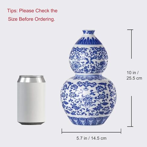 Houlu 10.5 بوصة مزهرية زهرة من السيراميك الأزرق والأبيض للقرارات المركزية ، إناء صيني مستدير متوسطة للزهور والديكور المنزلي - إناء البوق in Kuwait