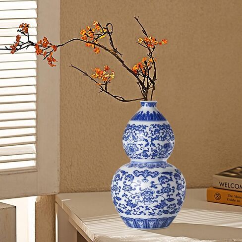 Houlu 10.5 بوصة مزهرية زهرة من السيراميك الأزرق والأبيض للقرارات المركزية ، إناء صيني مستدير متوسطة للزهور والديكور المنزلي - إناء البوق in Kuwait