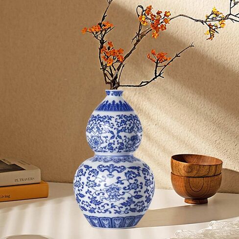 Houlu 10.5 بوصة مزهرية زهرة من السيراميك الأزرق والأبيض للقرارات المركزية ، إناء صيني مستدير متوسطة للزهور والديكور المنزلي - إناء البوق in Kuwait