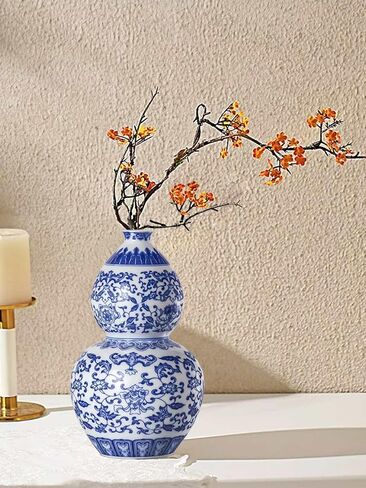 Houlu 10.5 بوصة مزهرية زهرة من السيراميك الأزرق والأبيض للقرارات المركزية ، إناء صيني مستدير متوسطة للزهور والديكور المنزلي - إناء البوق in Kuwait