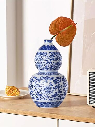 Houlu 10.5 بوصة مزهرية زهرة من السيراميك الأزرق والأبيض للقرارات المركزية ، إناء صيني مستدير متوسطة للزهور والديكور المنزلي - إناء البوق in Kuwait