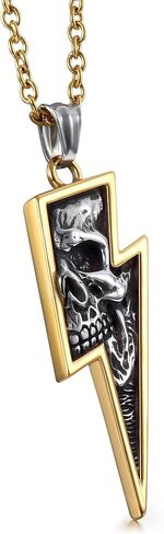 GTHIC Men's Stainless Steel Retro Skull Pnendant Necklaces Silver Gold Lightning Bolt Biker Jewelry in Saudi Arabia