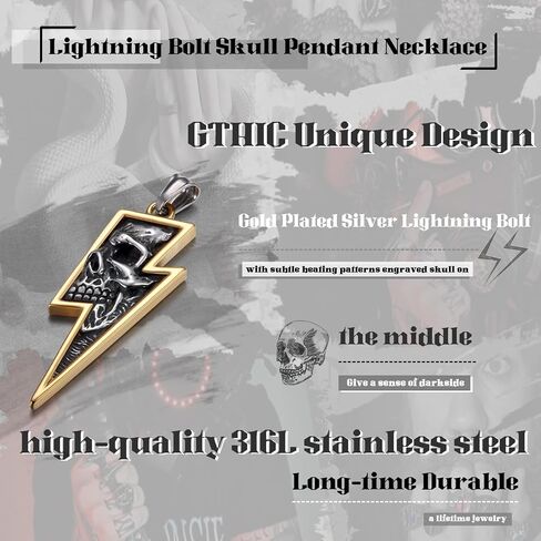 GTHIC Men's Stainless Steel Retro Skull Pnendant Necklaces Silver Gold Lightning Bolt Biker Jewelry in Saudi Arabia