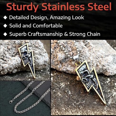 GTHIC Men's Stainless Steel Retro Skull Pnendant Necklaces Silver Gold Lightning Bolt Biker Jewelry in Saudi Arabia