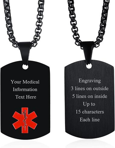 MEALGUET Personalized Medical Alert Necklace | Customized Stainless Steel Emergency Medical ID Dog Tag Pendant Necklace for Mens Womens Teens,Allergy Alert Identification Necklace, 24" Chain in Saudi Arabia