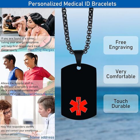 MEALGUET Personalized Medical Alert Necklace | Customized Stainless Steel Emergency Medical ID Dog Tag Pendant Necklace for Mens Womens Teens,Allergy Alert Identification Necklace, 24" Chain in Saudi Arabia
