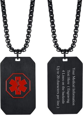 MEALGUET Personalized Medical Alert Necklace | Customized Stainless Steel Emergency Medical ID Dog Tag Pendant Necklace for Mens Womens Teens,Allergy Alert Identification Necklace, 24" Chain in Saudi Arabia