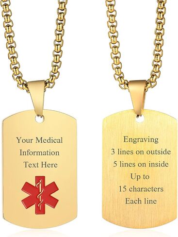 MEALGUET Personalized Medical Alert Necklace | Customized Stainless Steel Emergency Medical ID Dog Tag Pendant Necklace for Mens Womens Teens,Allergy Alert Identification Necklace, 24" Chain in Saudi Arabia