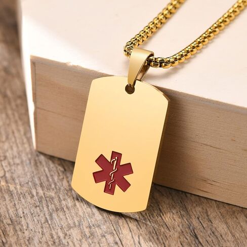 MEALGUET Personalized Medical Alert Necklace | Customized Stainless Steel Emergency Medical ID Dog Tag Pendant Necklace for Mens Womens Teens,Allergy Alert Identification Necklace, 24" Chain in Saudi Arabia