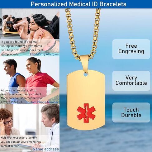 MEALGUET Personalized Medical Alert Necklace | Customized Stainless Steel Emergency Medical ID Dog Tag Pendant Necklace for Mens Womens Teens,Allergy Alert Identification Necklace, 24" Chain in Saudi Arabia