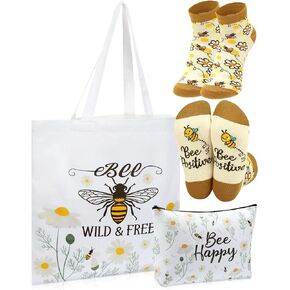 3 Pcs Bee Themed Gifts for Women Funny Honeybee Canvas Tote Bag with Zipper Makeup Bag and Socks in Saudi Arabia
