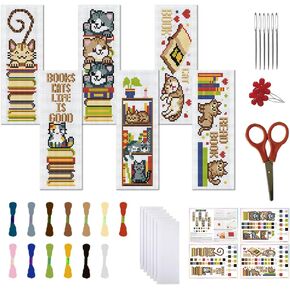 FREEBLOSS 6 Set Cross Stitch Bookmark Stamped Cross Stitch Kit with Landscape&Cat Patterns Embroidery Kit with Instruction DIY Bookmark Kit for Gift Adults 8''x2.4'' in Kuwait