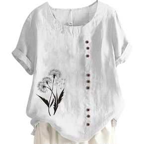Cotton Linen Tops for Womens 2025 Crewneck Roll Up Short Sleeve Tshirt Trendy Floral Print Casual Loose Blouse in Saudi Arabia