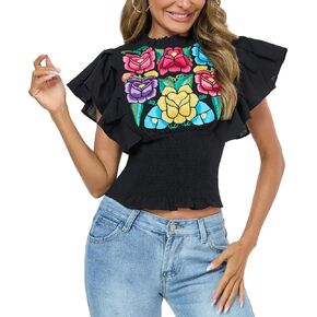 Women's Boho Shirts Floral Embroidered Ruffle Short Sleeve Frill Mock Neck Dressy Casual Summer Peasant Blouses Crop Tops in Kuwait